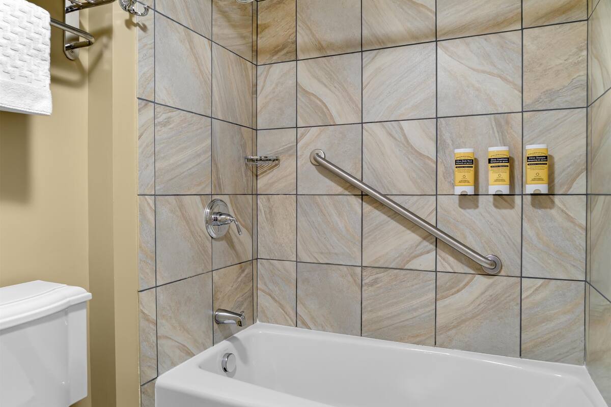 hydromassage showerhead, free toiletries, hair dryer, towels