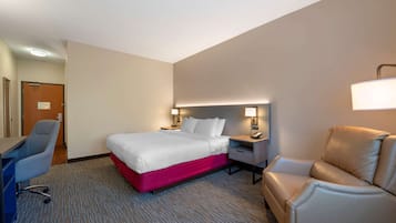 Una habitación de hotel con una cama, un escritorio, una silla y un sofá.