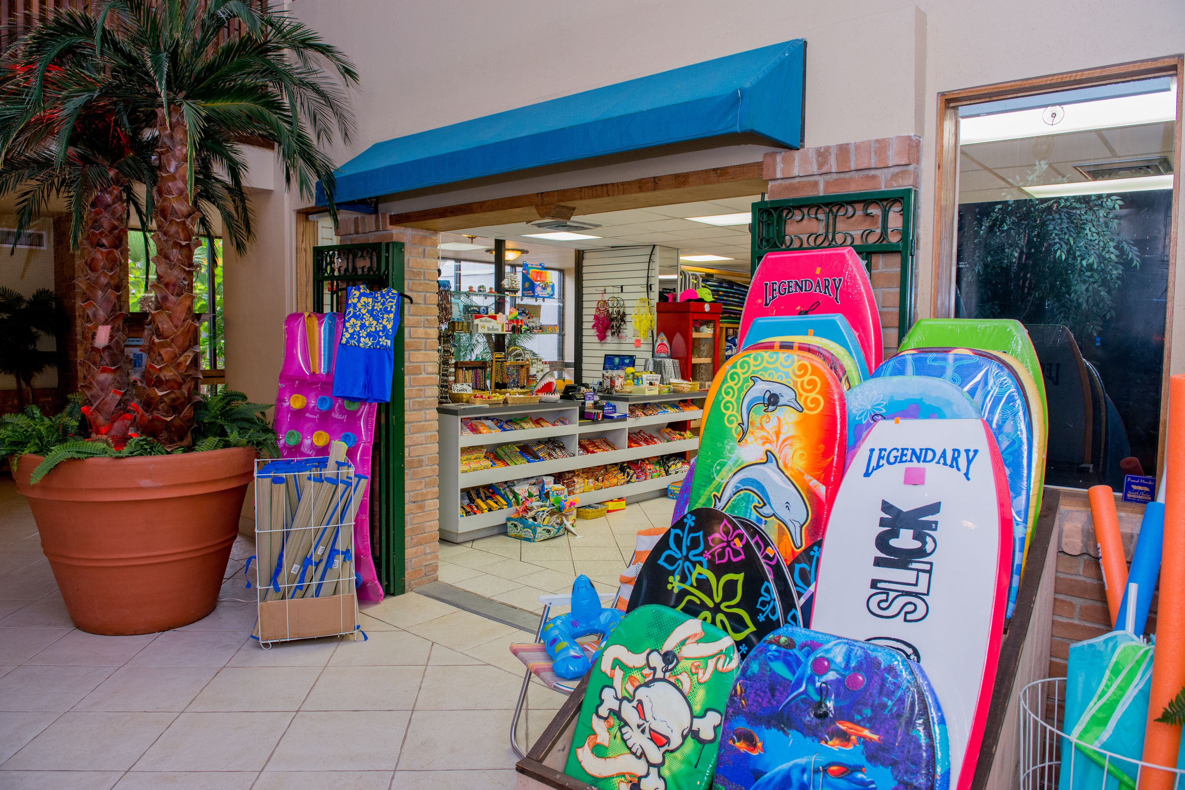 Une vitrine où sont exposées des planches de surf aux couleurs vives.