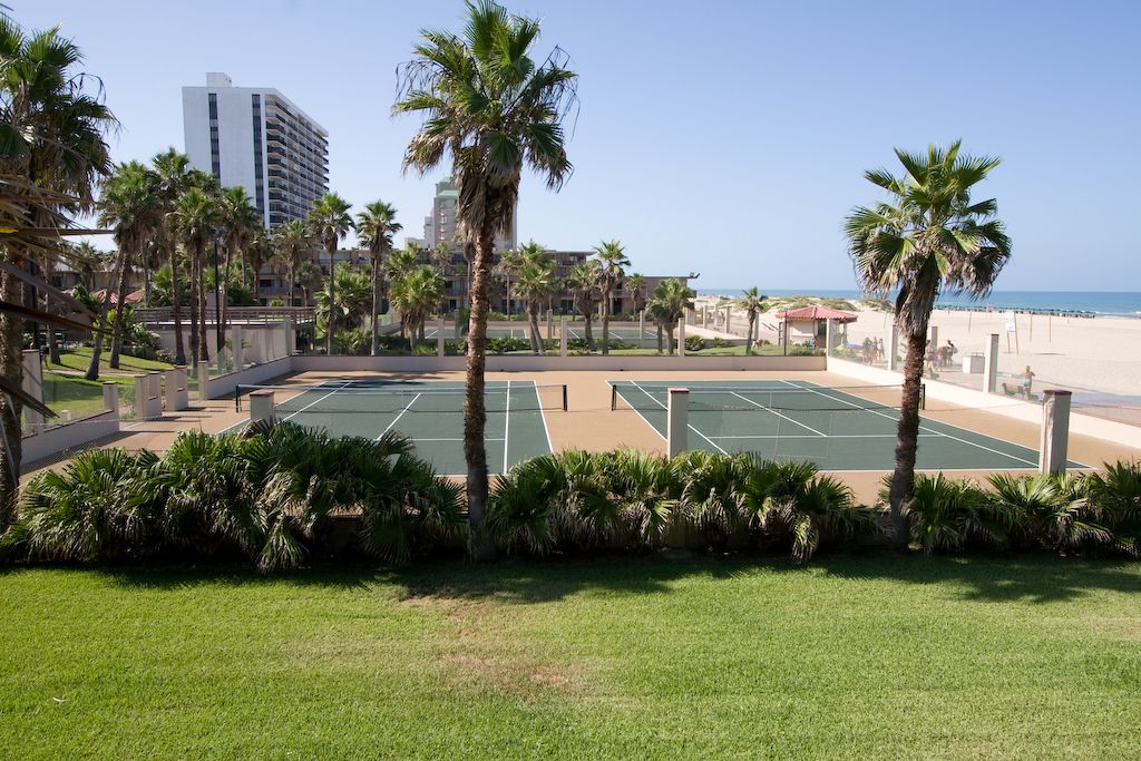 Ein Tennisplatz, umgeben von Palmen, mit einem Strand im Hintergrund.