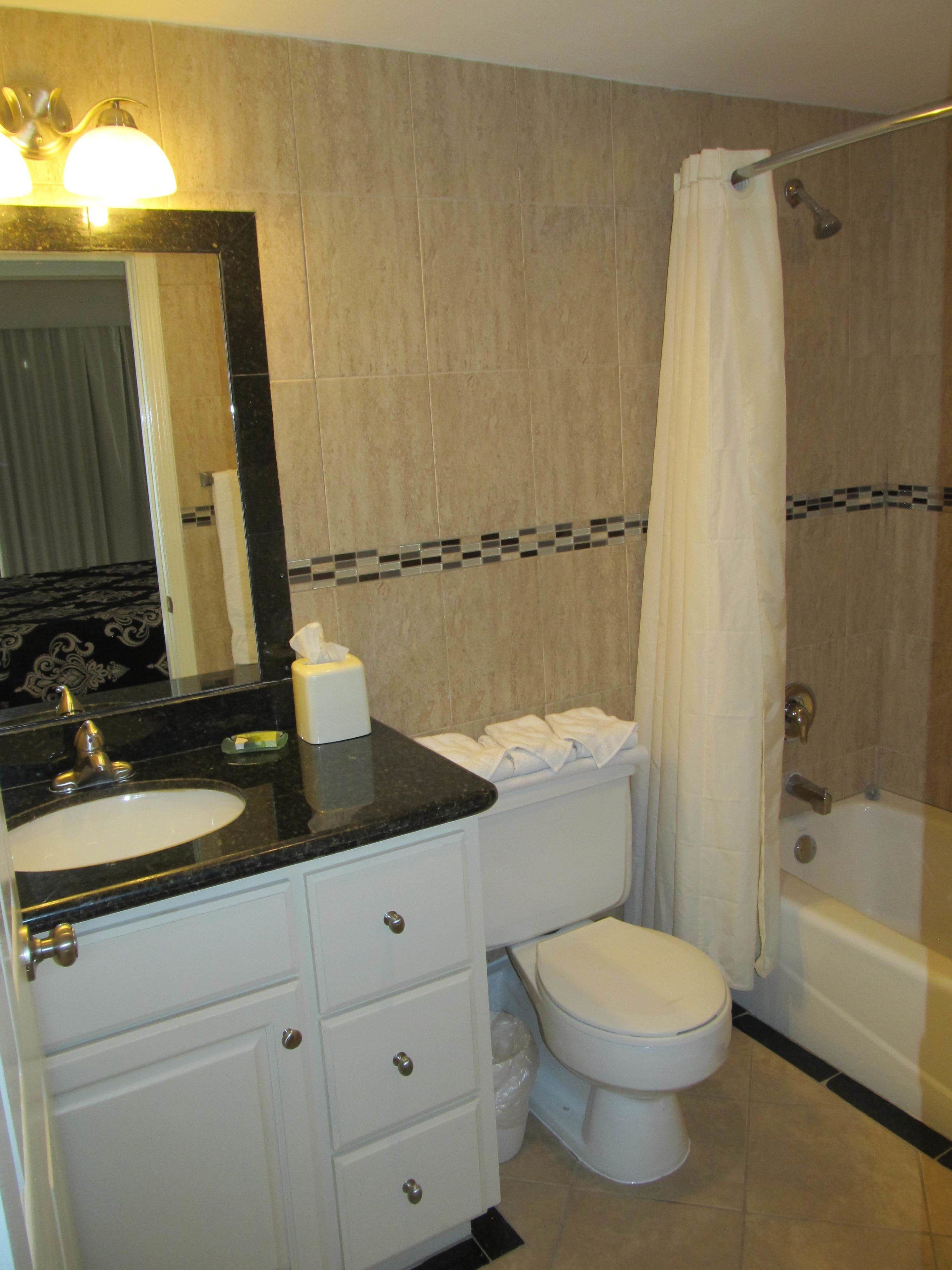 Une salle de bain équipée d’un lavabo, d’un miroir, de toilettes et d’une baignoire.