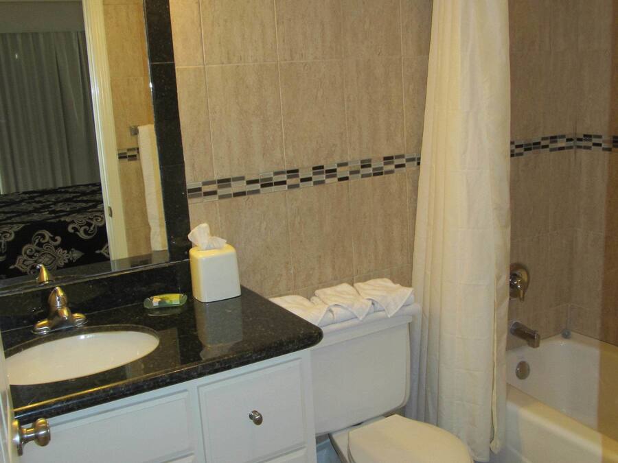 Une salle de bain équipée d’un lavabo, d’un miroir, de toilettes et d’une baignoire.