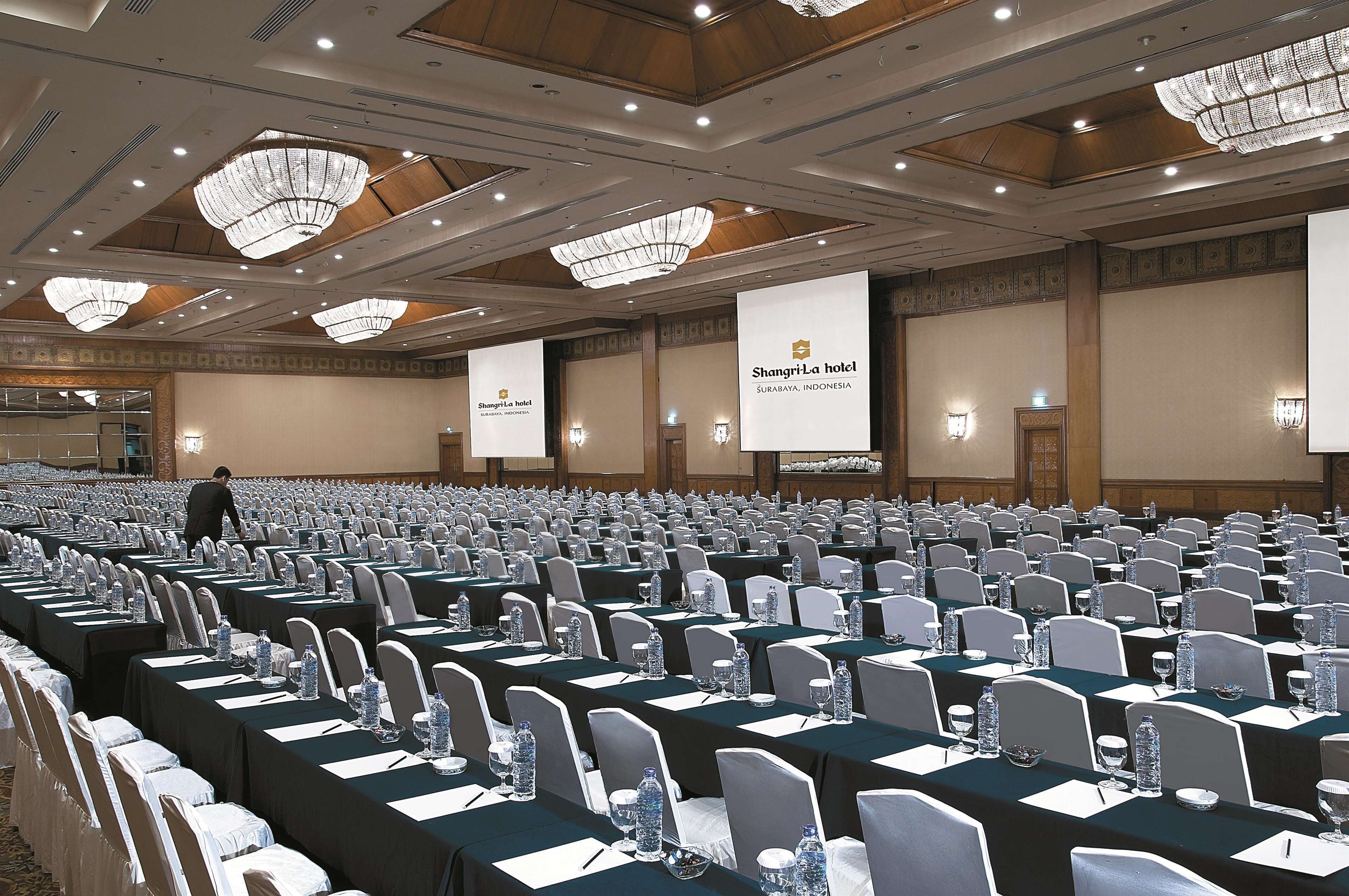 A large conference room at Shangri-La hotel in Surabaya, Indonesia, with rows of tables and chairs, chandeliers, and a projector screen.