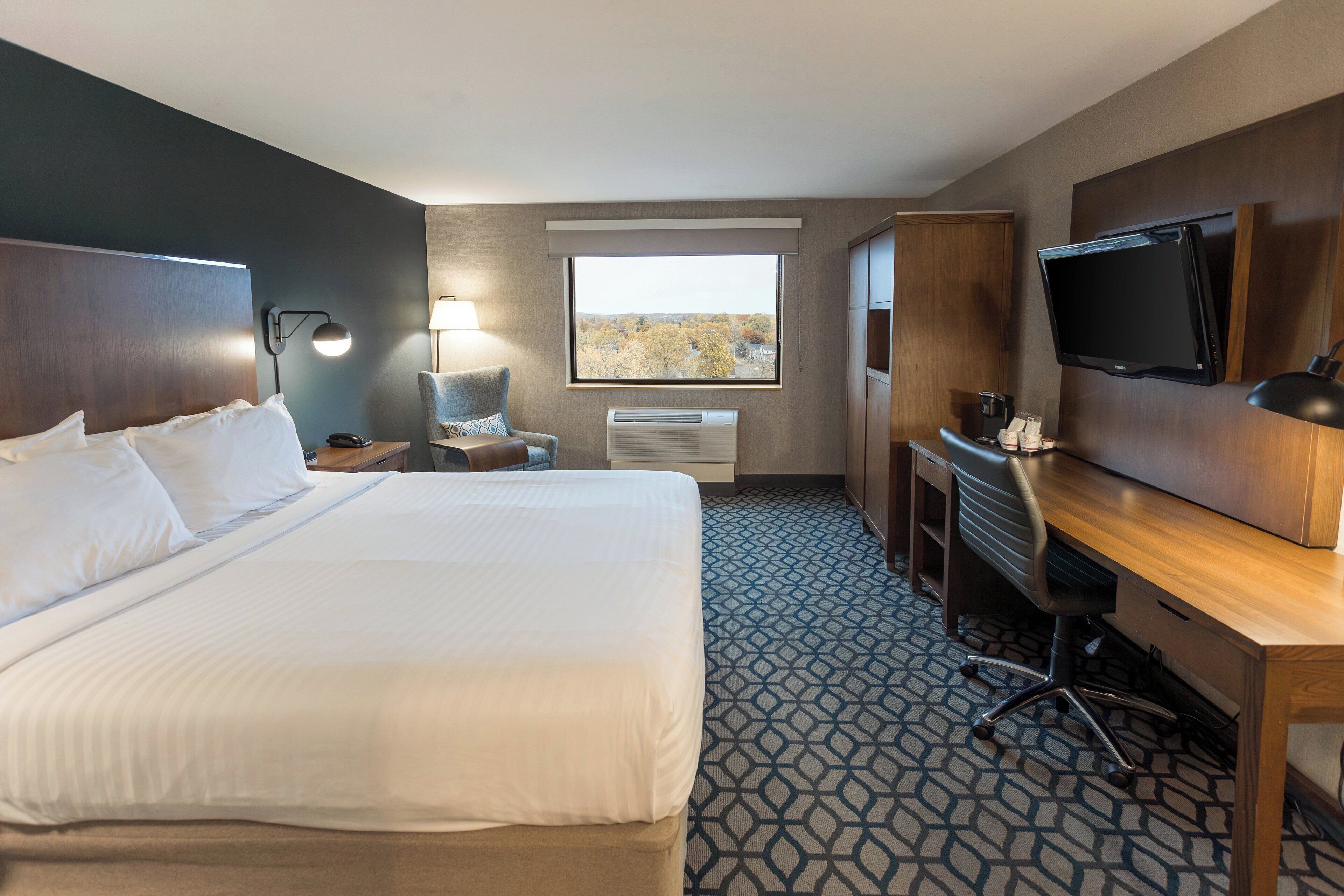 Hypo-allergenic bedding, down comforters, desk, laptop workspace