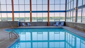 Una piscina interior con vistas despejadas a un lago y árboles a través de amplios ventanales.