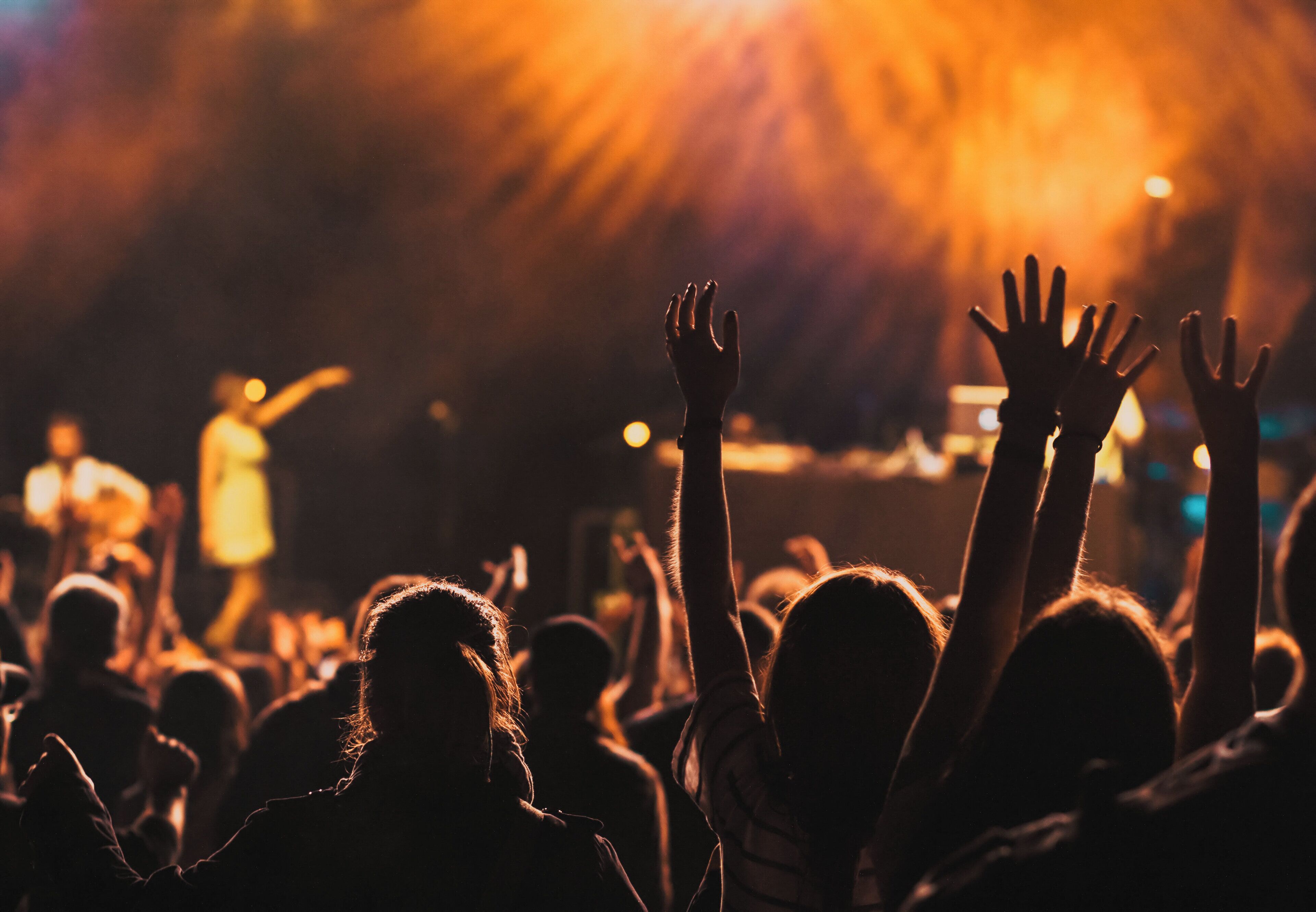 A crowd of people at a concert with raised hands, likely enjoying the event.