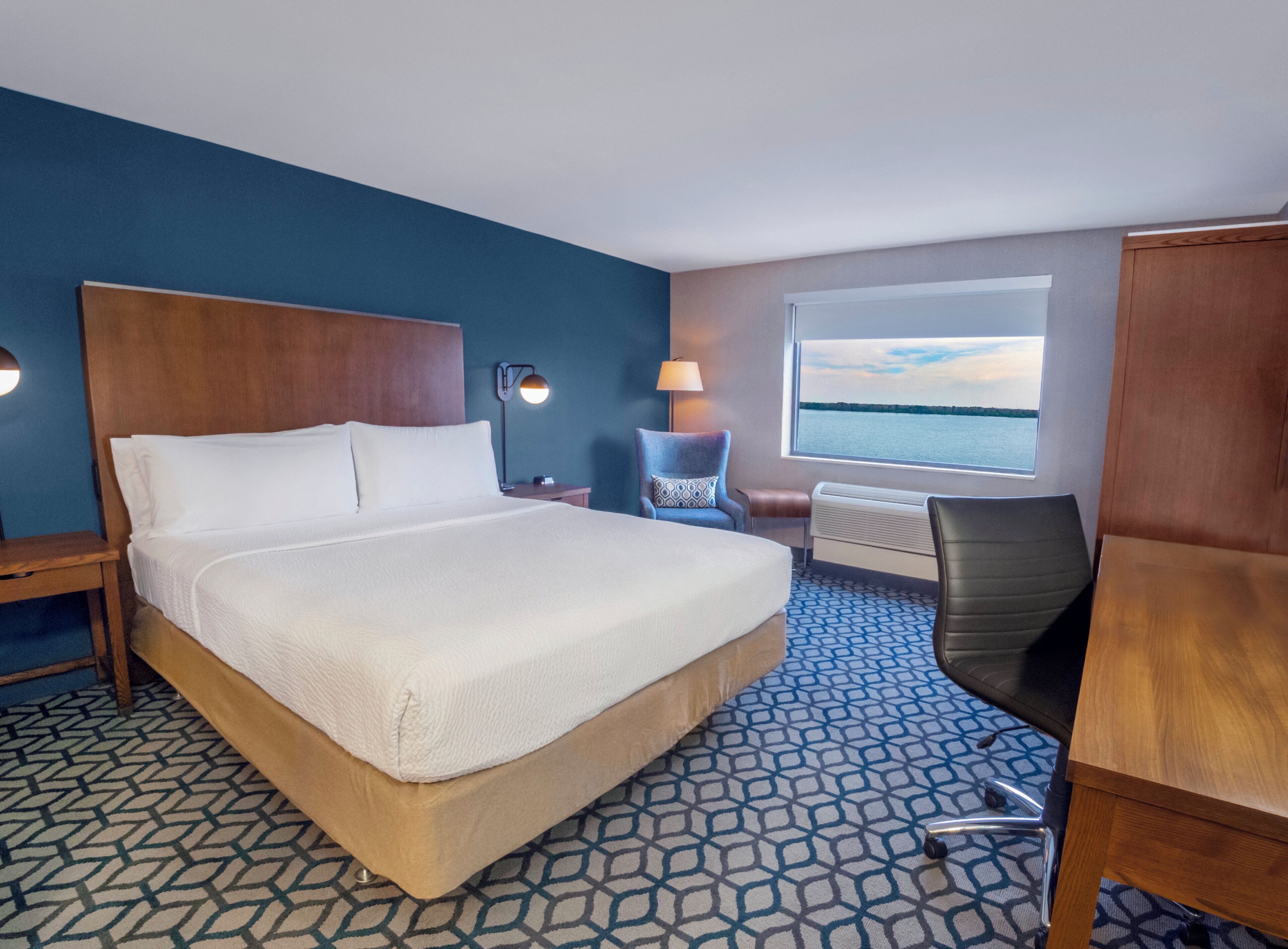 Hypo-allergenic bedding, down comforters, desk, laptop workspace