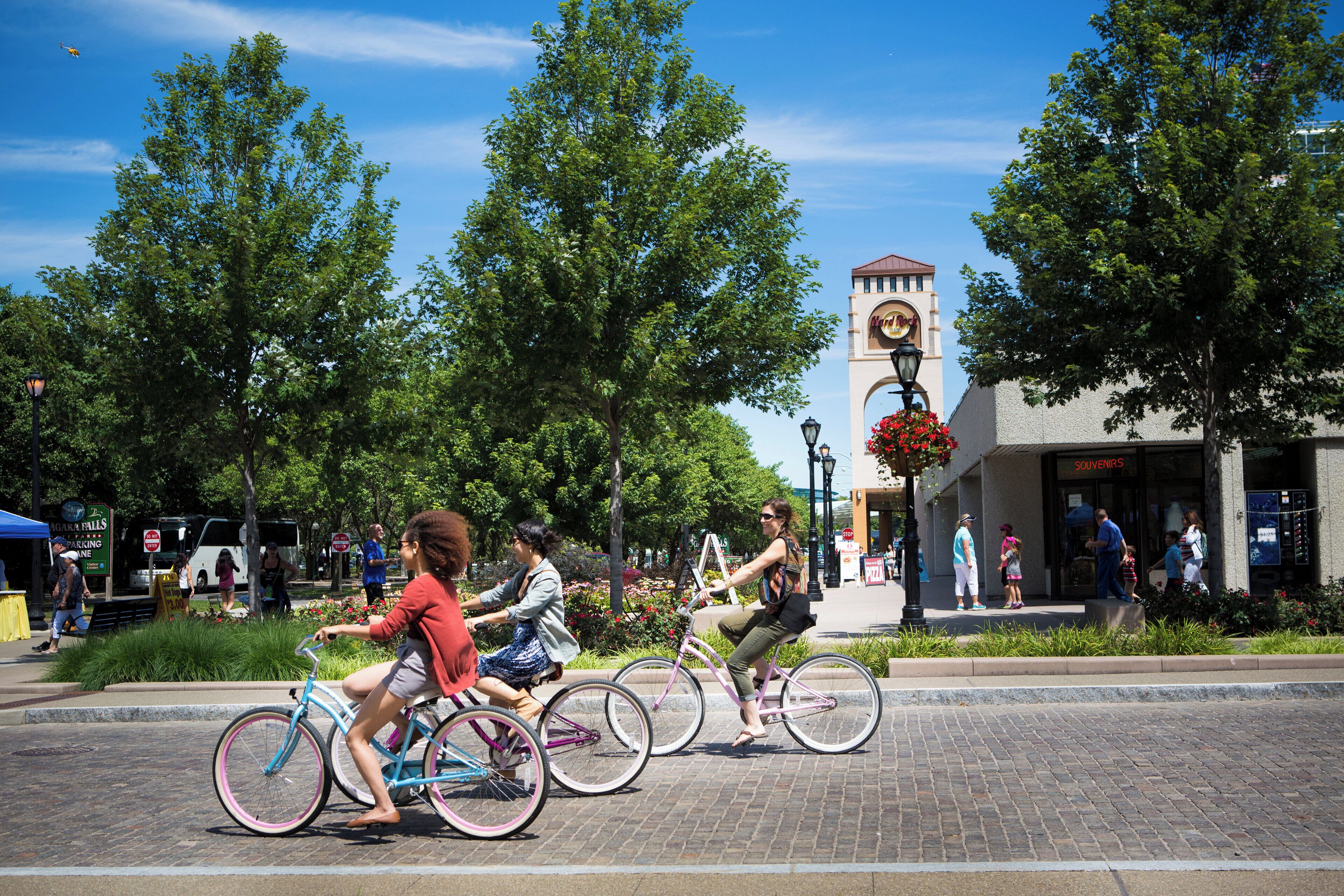 A paved walkway with people riding bicycles.
