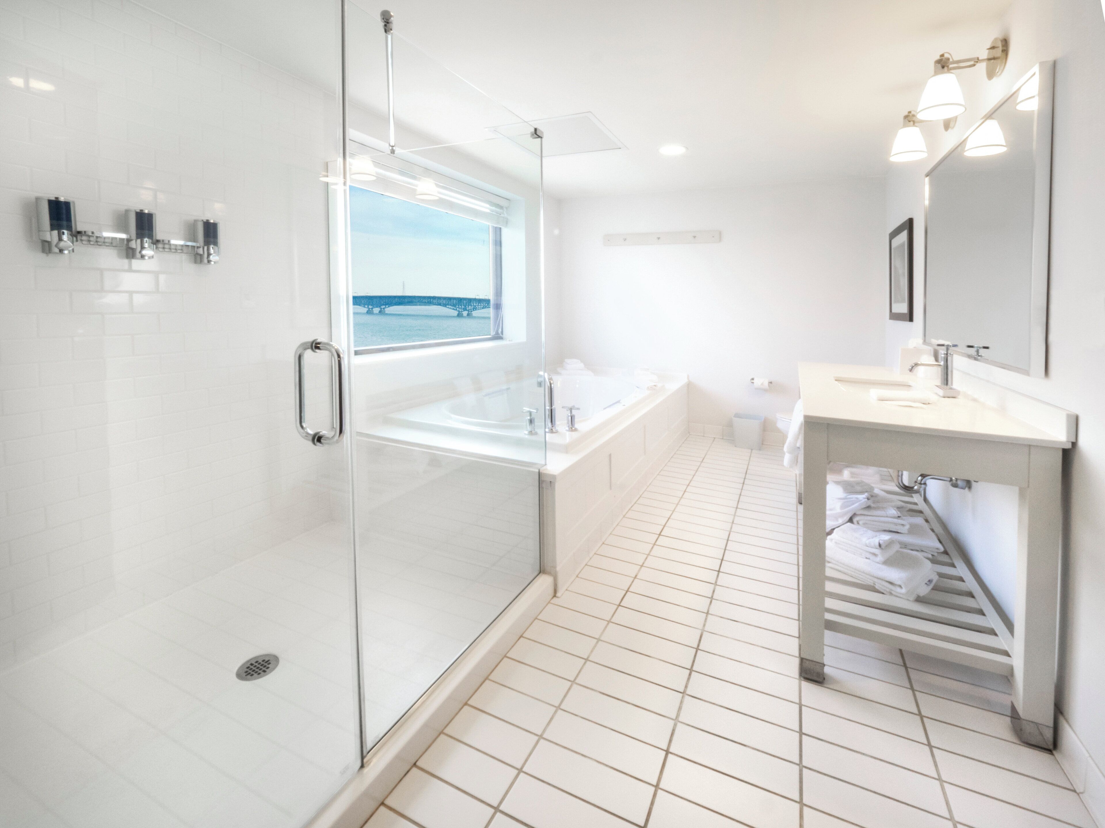 Combined shower/tub, eco-friendly toiletries, hair dryer, towels