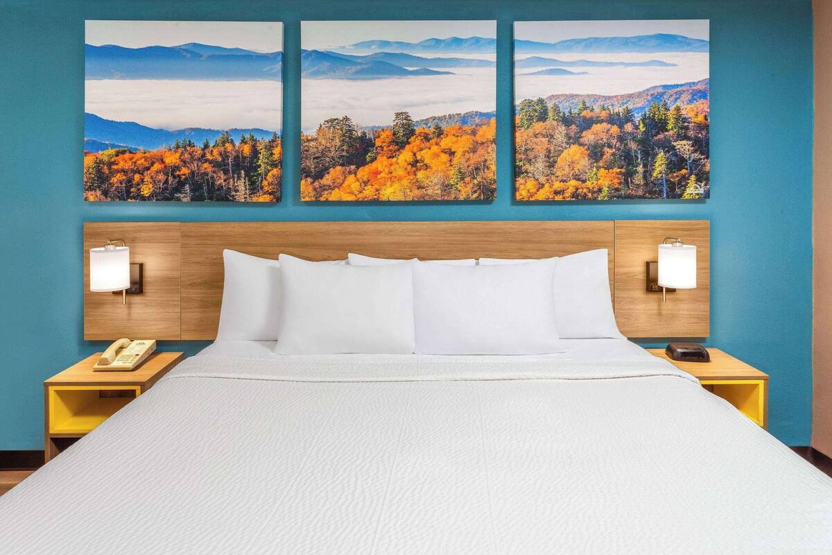 Habitación de hotel con una cama grande, dos mesitas de noche, un cabecero de madera y tres cuadros enmarcados con paisajes.