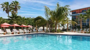 Outdoor pool, open 8:00 AM to 8:00 PM, pool umbrellas, pool loungers