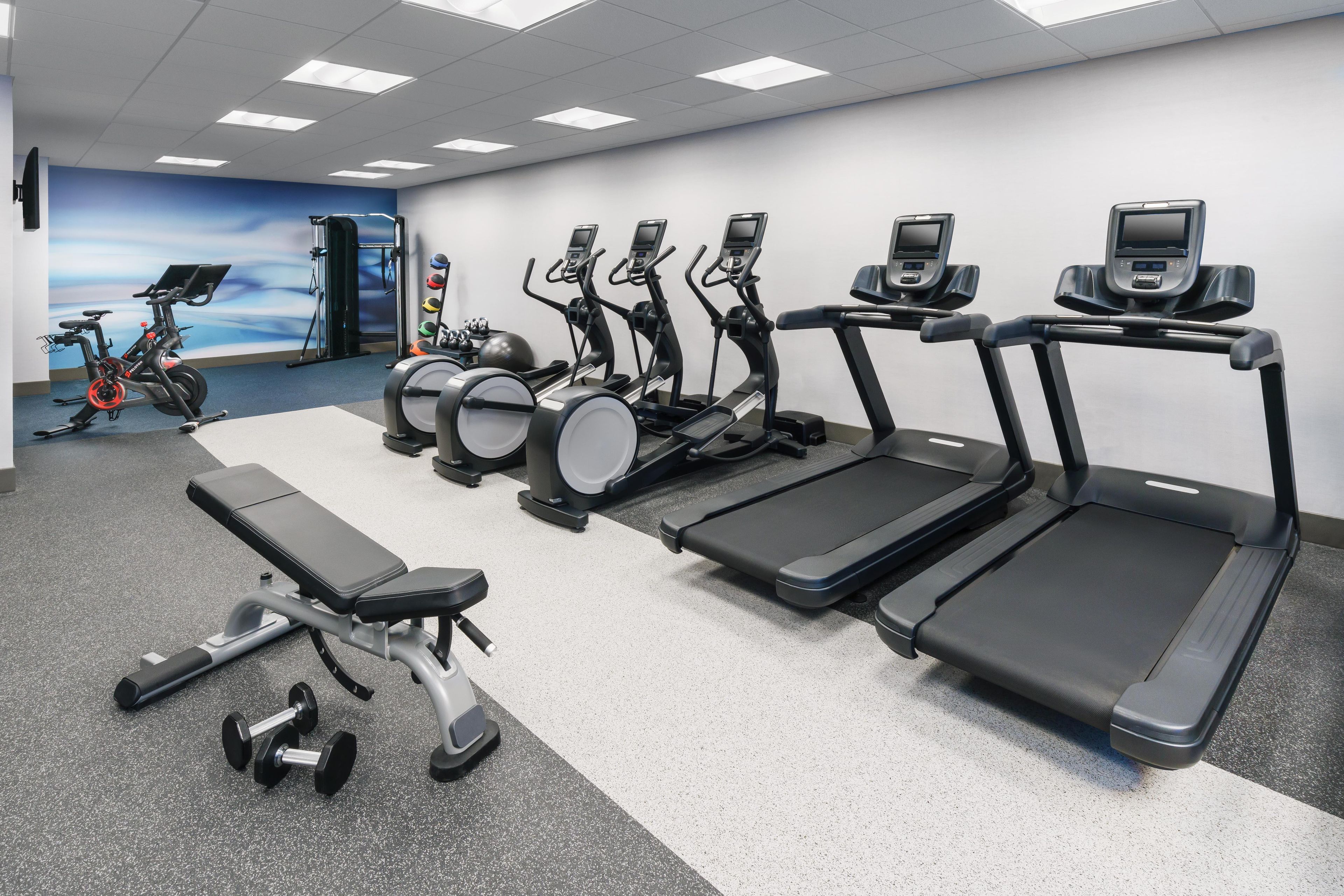 Une salle de sport équipée de tapis de course, de vélos elliptiques et de poids libres.