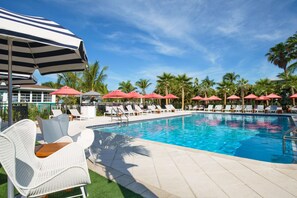 Outdoor pool, open 8:00 AM to 8:00 PM, pool umbrellas, sun loungers
