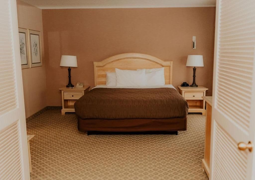 Une chambre d’hôtel avec un grand lit, deux tables de chevet avec des lampes, une tête de lit en bois et une moquette à motifs.