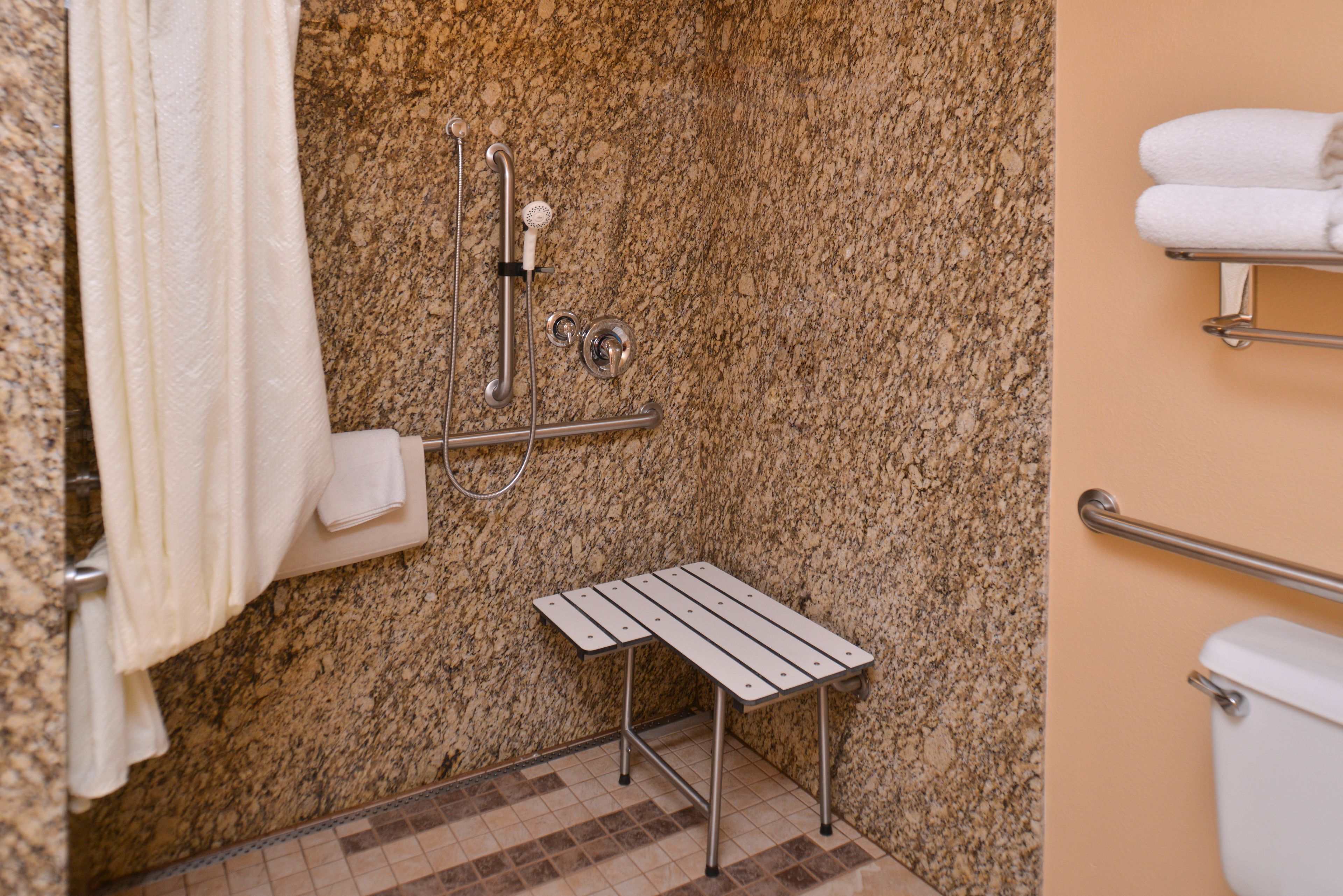 Une salle de bain avec un mur en granit, une douche équipée d’un pommeau de douche amovible, une barre d’appui, une petite table et des toilettes.