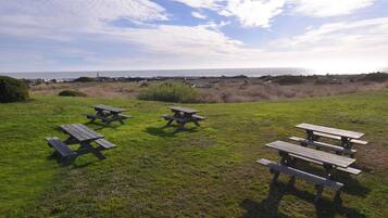 Un'area verde con tavoli da picnic e vista sul mare.