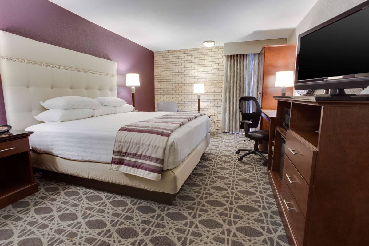 A hotel room with a large bed, a television, a desk, and a chair.