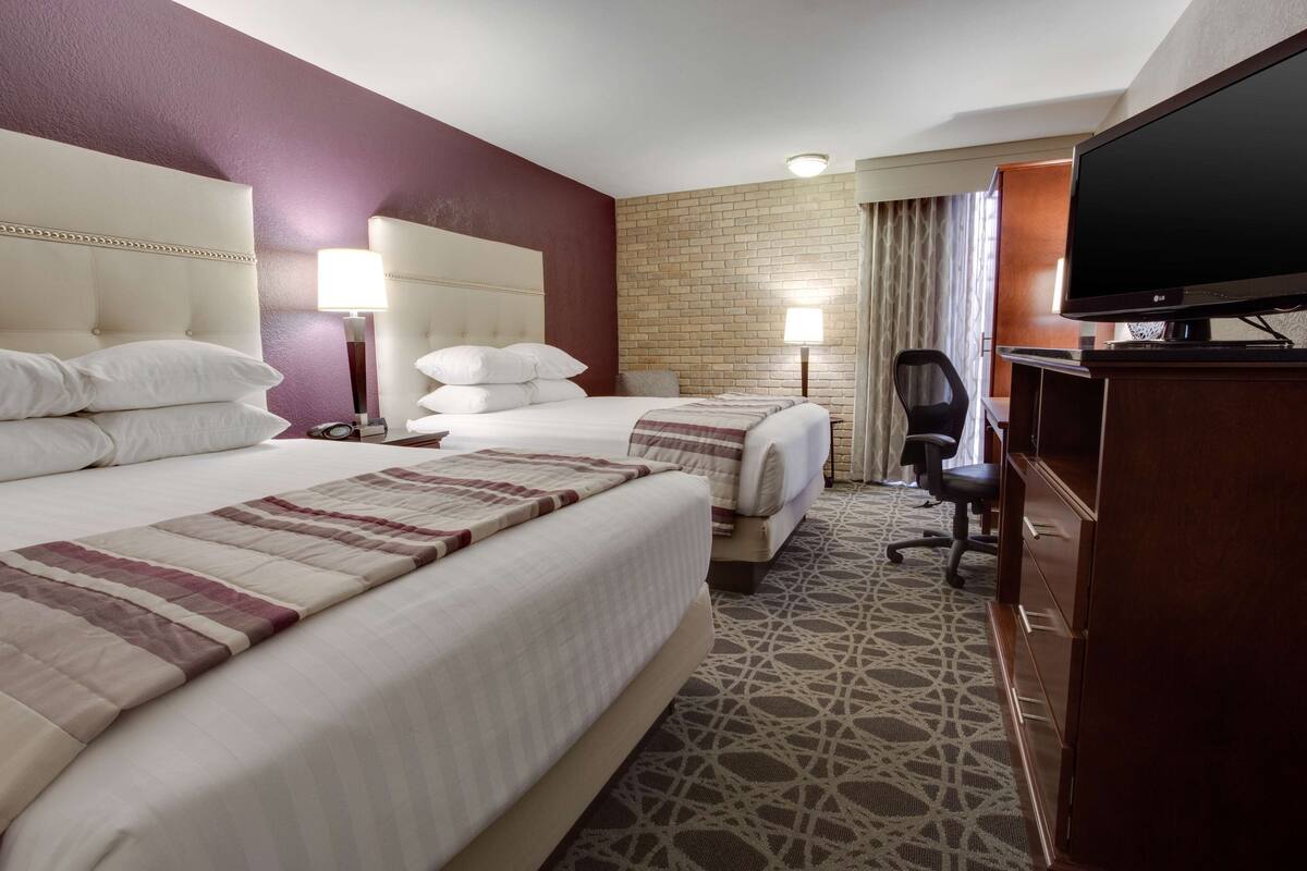 A hotel room with two beds, a television, a desk, and a patterned carpet.