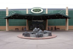 Enter the Emerald Queen Casino & Hotel, where a beautifully landscaped area greets guests at the entrance.