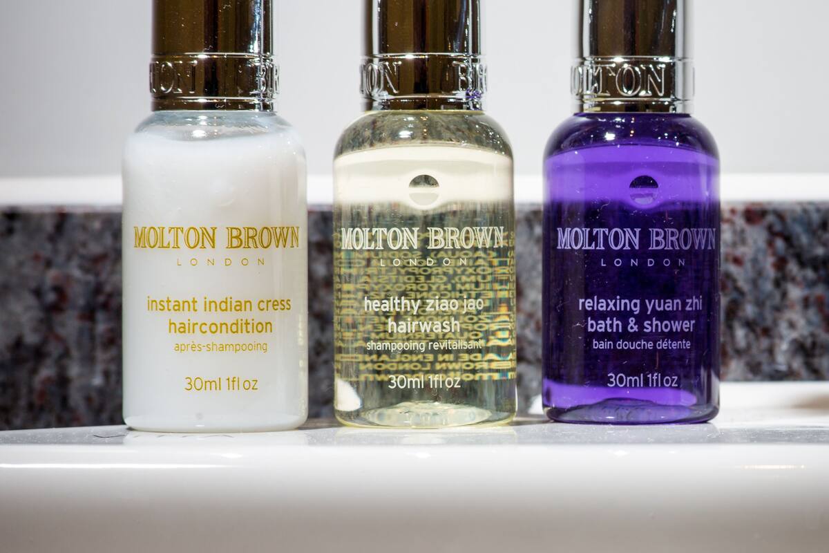 combined shower/bathtub, free toiletries, hair dryer, bathrobes