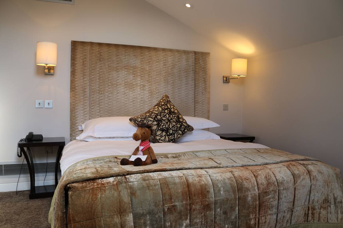Hotelkamer met een groot bed, hoofdbord, twee bedlampen, nachtkastje met telefoon en een decoratief kussen.