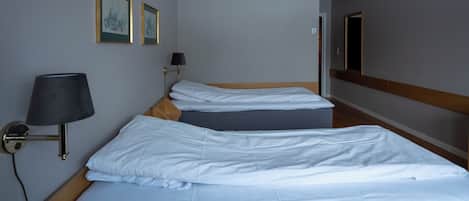 Habitación de hotel con dos camas individuales, una mesita de noche, una lámpara y cuadros en la pared.