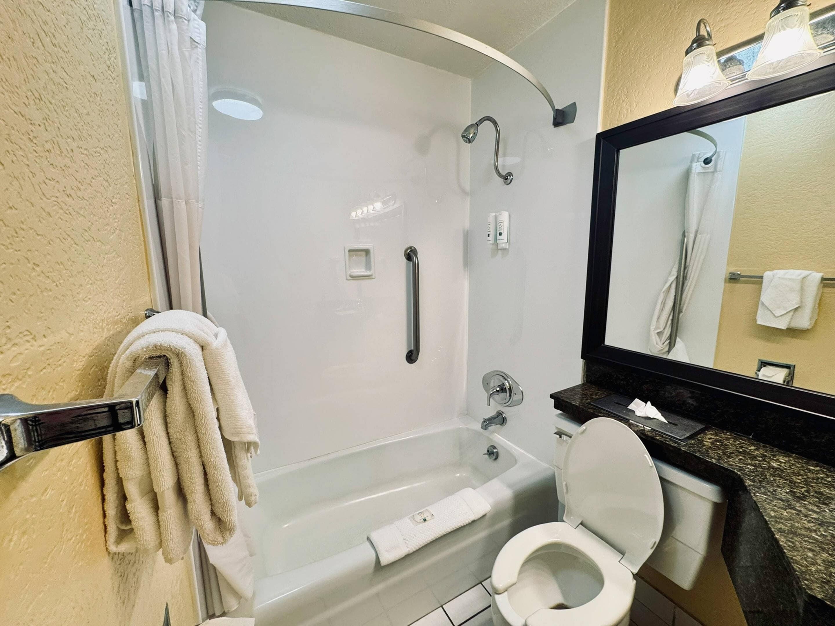 Kamer, 2 queensize bedden, niet-roken | Badkamer | Een bad/douchecombinatie, milieuvriendelijke toiletartikelen