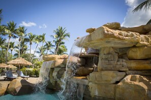 Outdoor pool, pool umbrellas, pool loungers