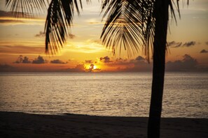 On the beach, white sand, sun loungers, beach umbrellas