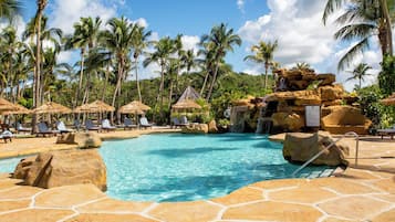 Outdoor pool, pool umbrellas, sun loungers