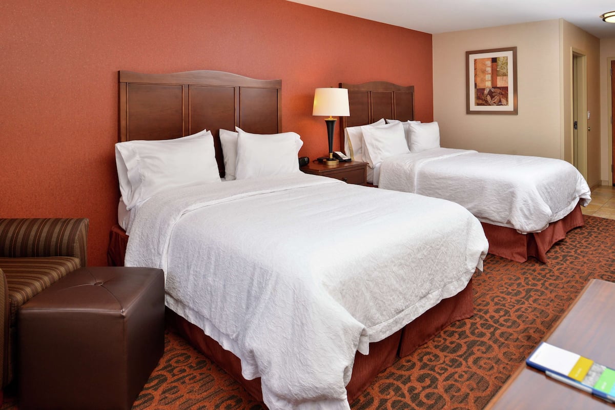 A hotel room with two beds, a nightstand, a lamp, a chair, and a patterned carpet.
