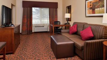 Hypo-allergenic bedding, desk, blackout drapes, iron/ironing board