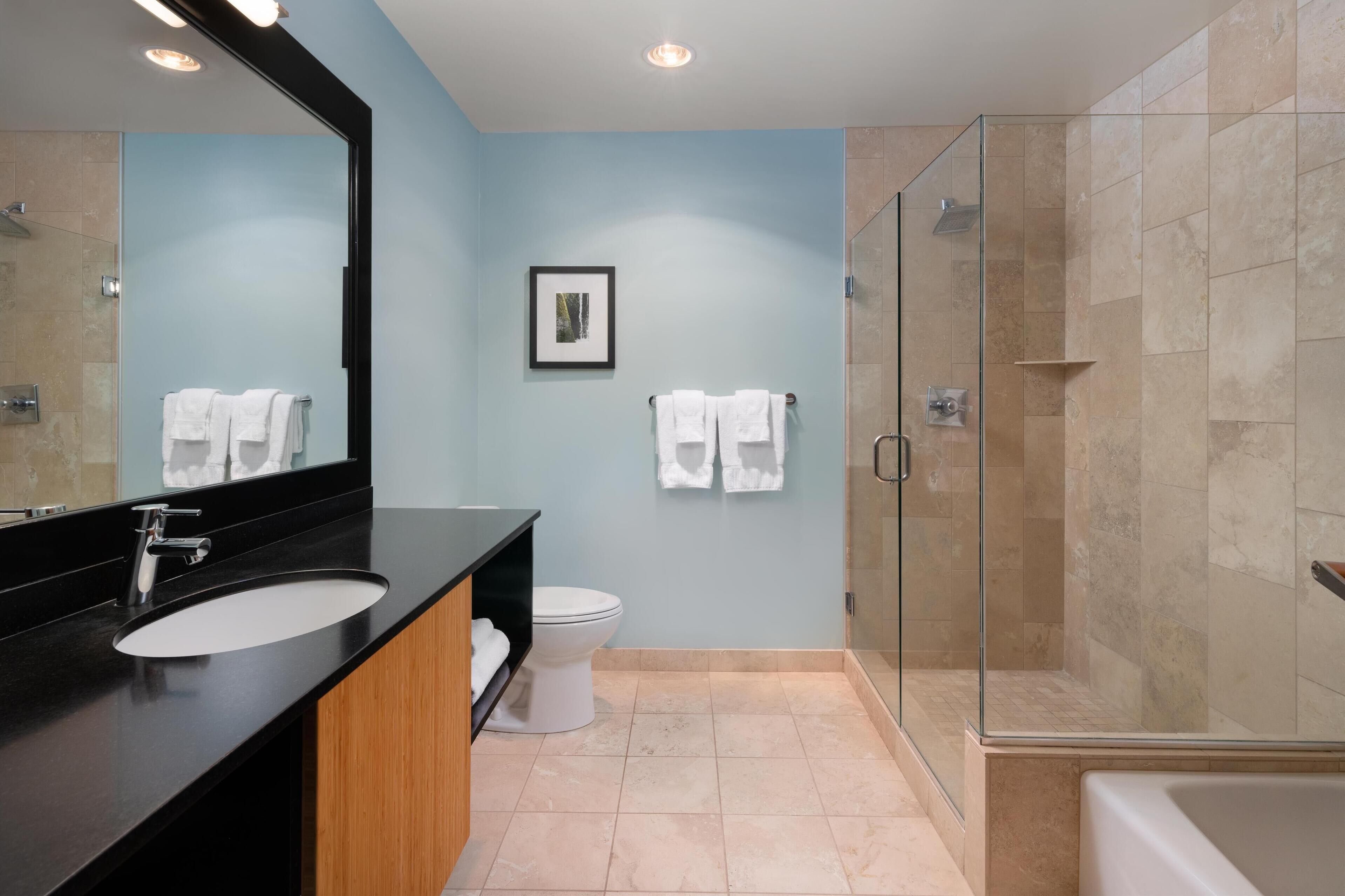 A modern bathroom with a black sink, white toilet, and a glass-enclosed shower.