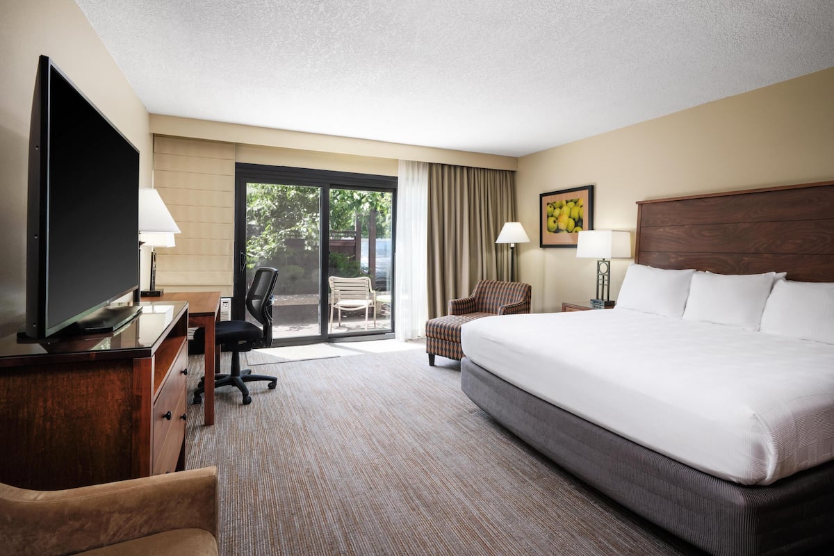 A hotel room with a large bed, a desk with a TV, a chair, a lamp, and a view of the outdoors.