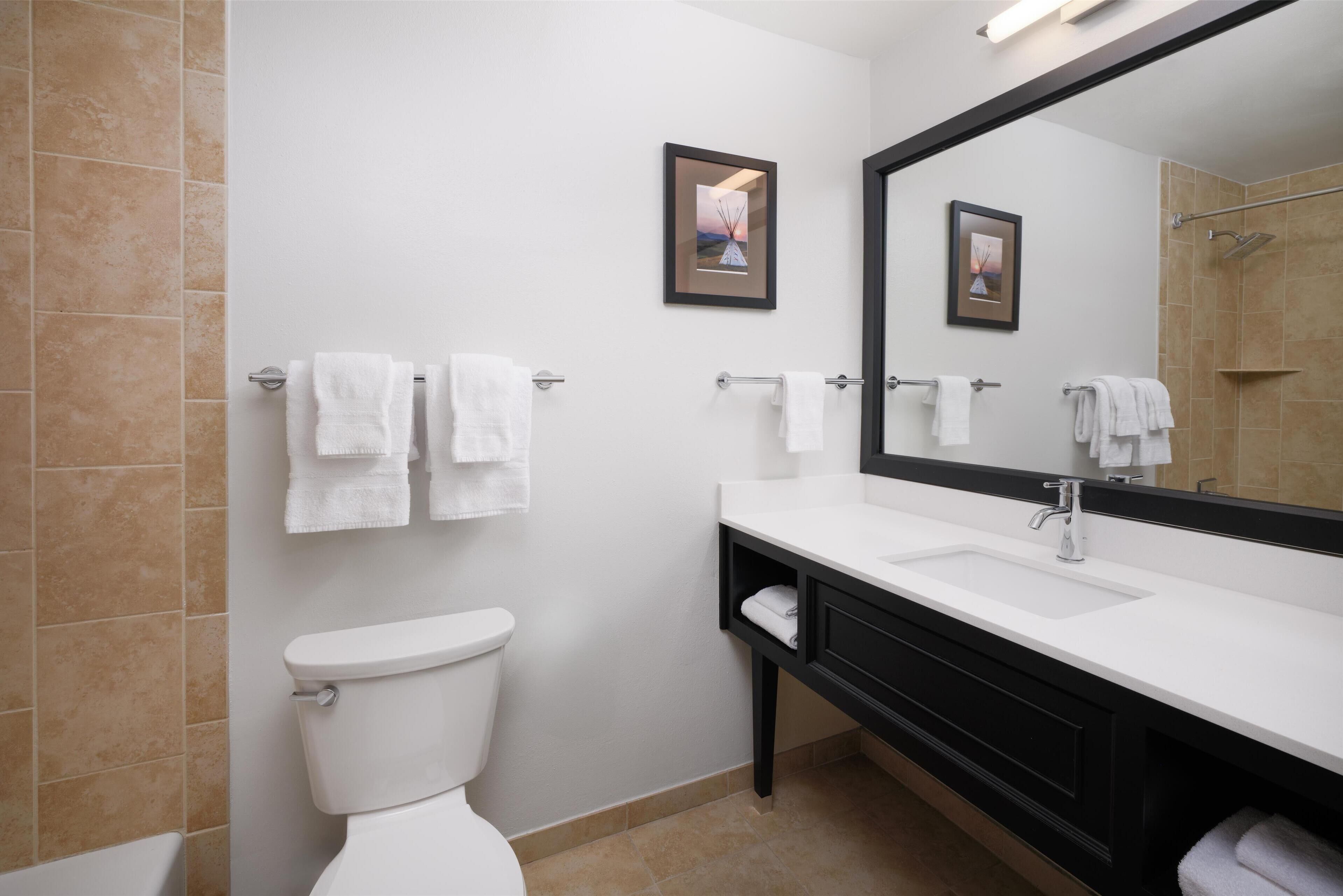 A modern bathroom with a white toilet, a large mirror, and a black vanity with a white sink.
