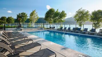 Outdoor pool, a heated pool, sun loungers