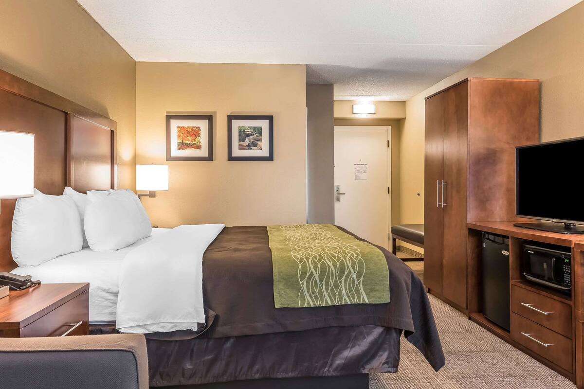 A hotel room with a bed, a desk, a television, and a wardrobe.