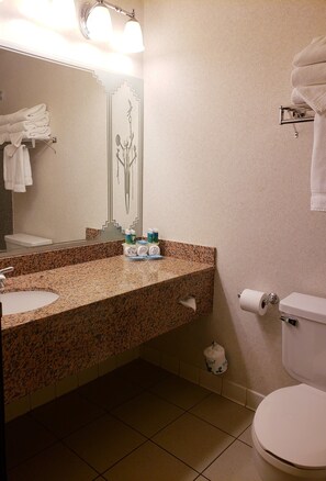 A bathroom with a granite countertop, a sink, a toilet, a towel rack, and a mirror. - Holiday Inn Express Mesa Verde-Cortez by IHG (Cortez)