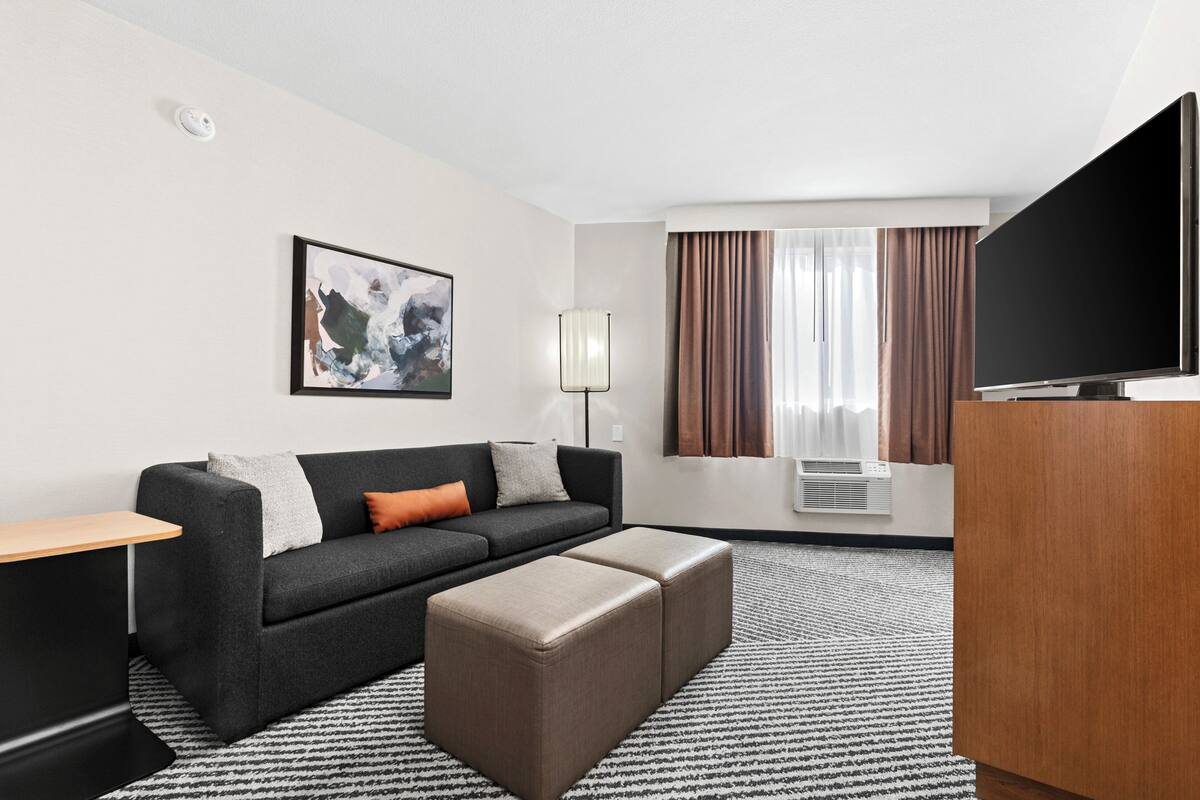 Una habitación de hotel moderna con un sofá gris, un televisor de pantalla plana, un mueble de madera y una alfombra estampada.