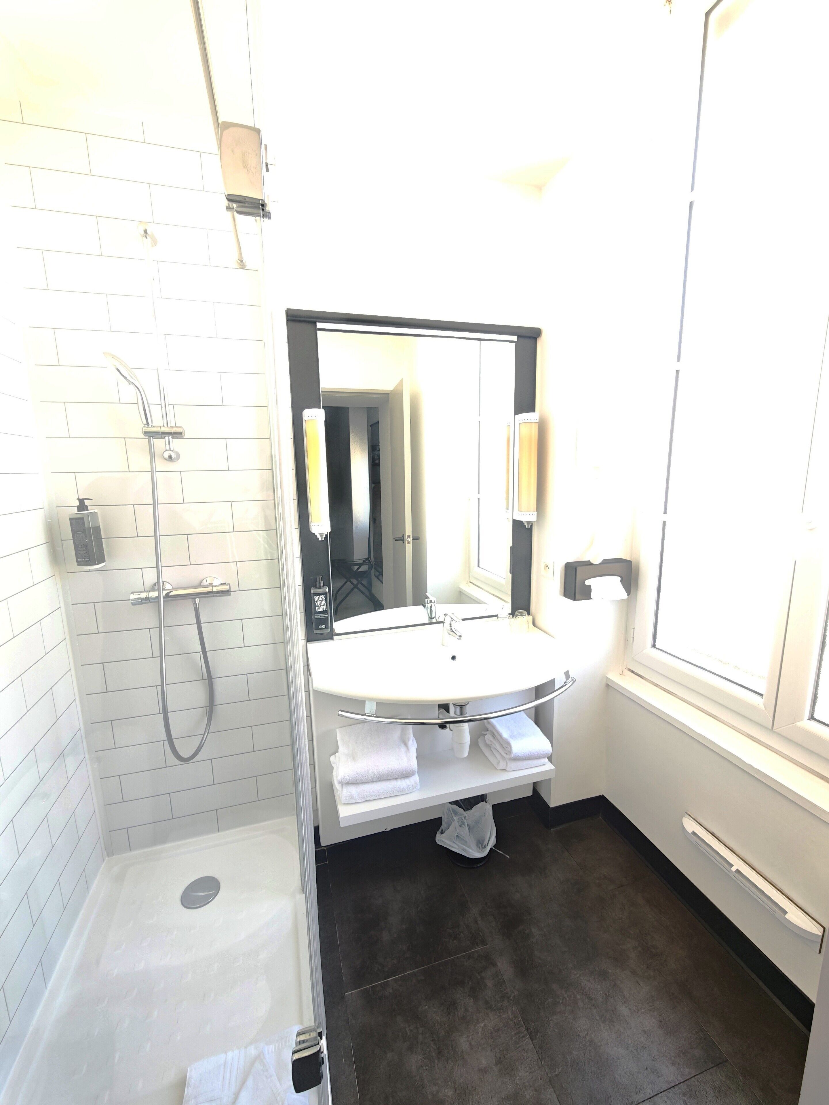 shower, eco-friendly toiletries, towels