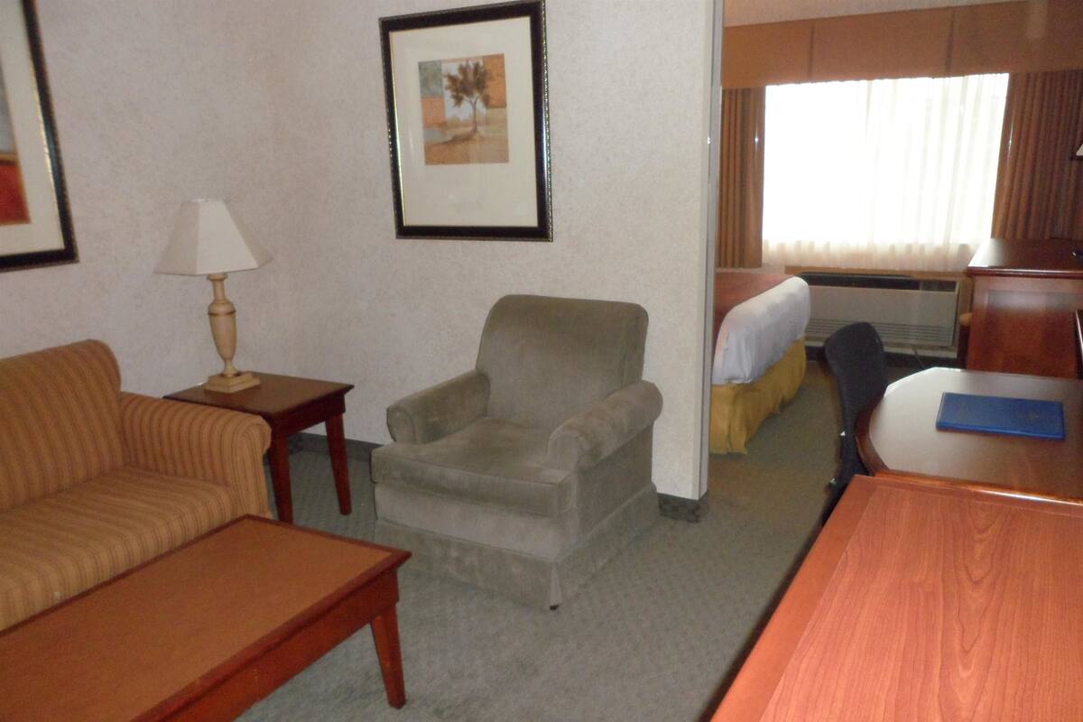 A hotel room with a sofa, armchair, small table, and a larger table. There is a framed picture on the wall and a window with curtains.