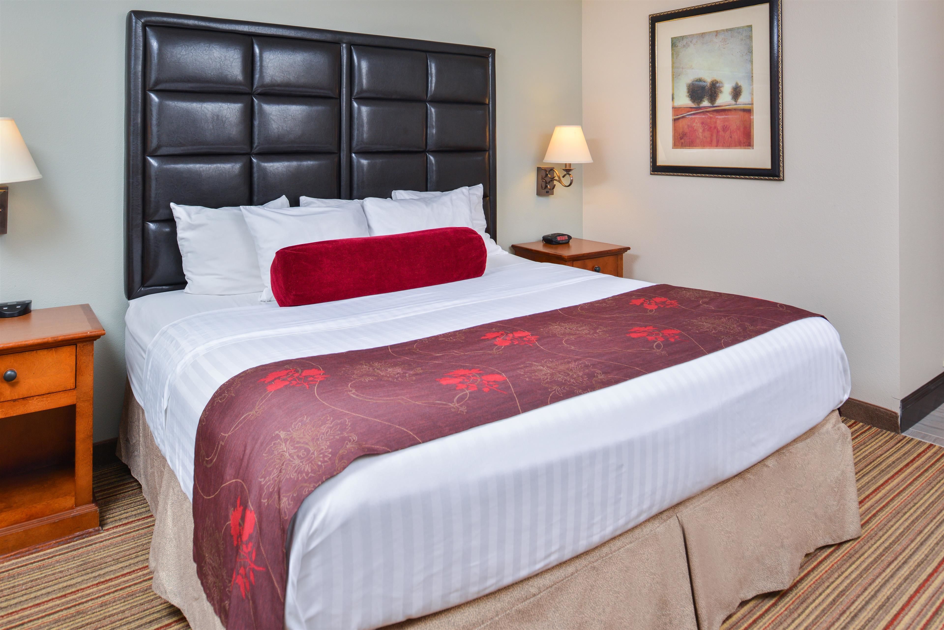 A hotel room with a large bed, a wooden nightstand, a lamp, and a framed picture on the wall.
