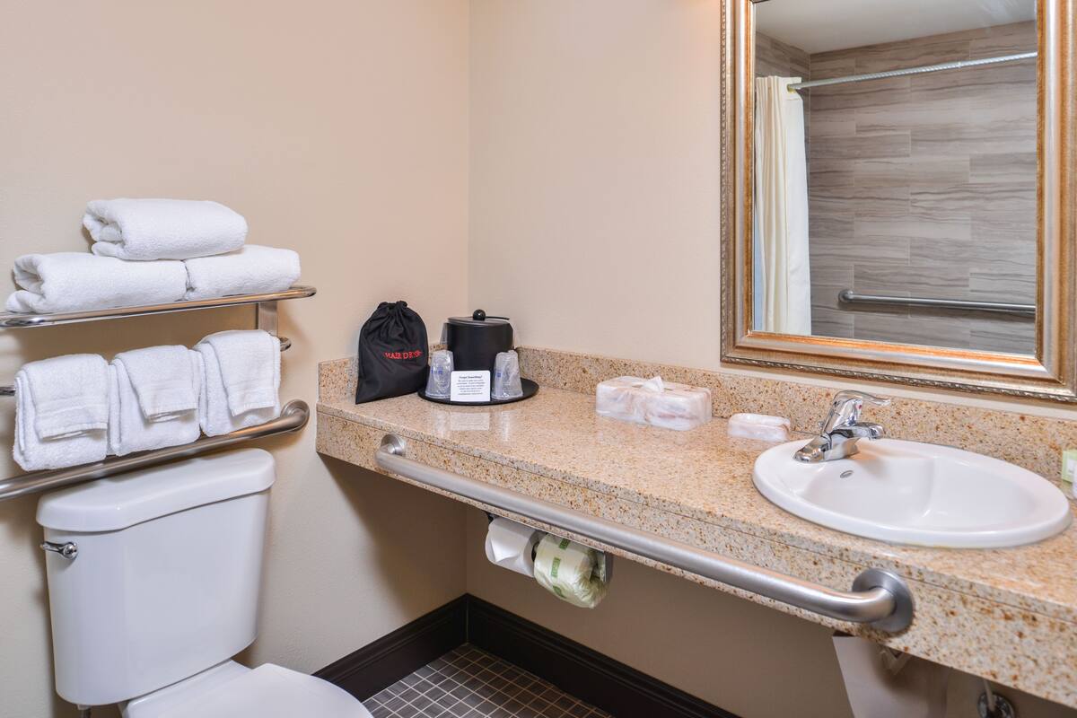 combined shower/bathtub, eco-friendly toiletries, hair dryer, towels