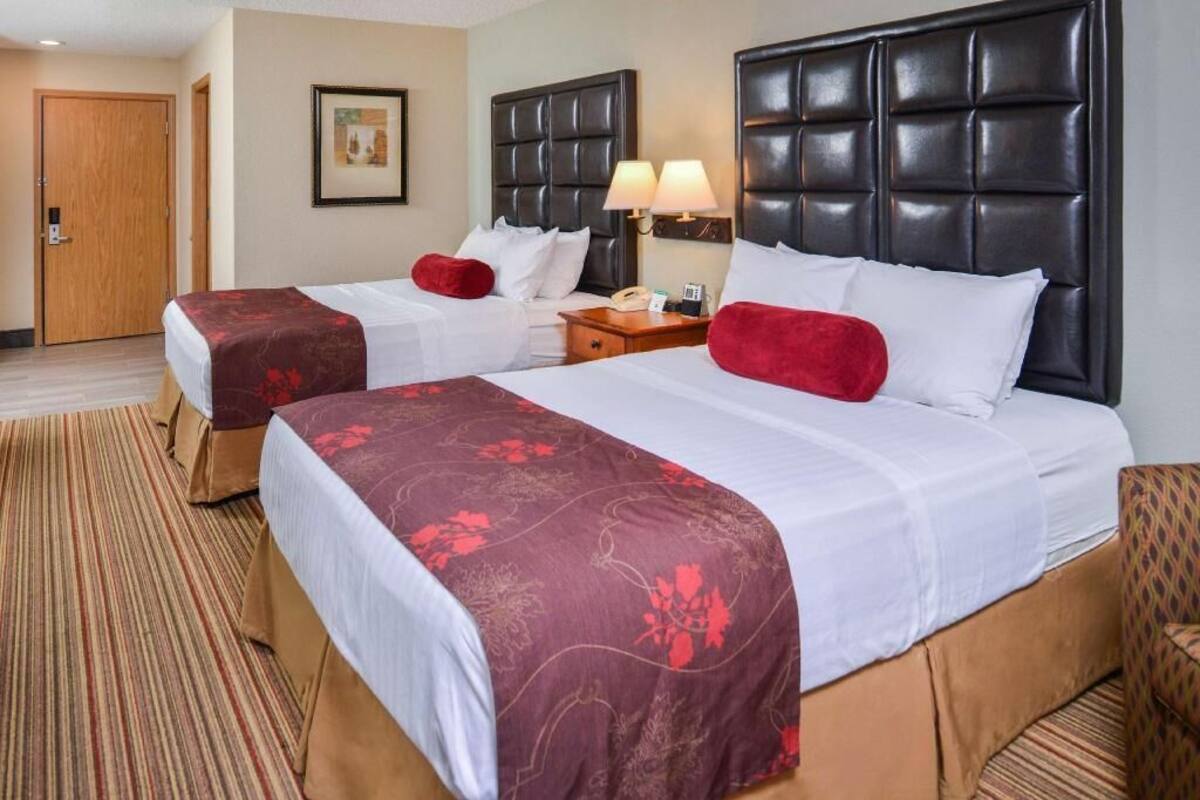 A hotel room with two beds, a wooden door, a framed picture on the wall, and a patterned carpet.