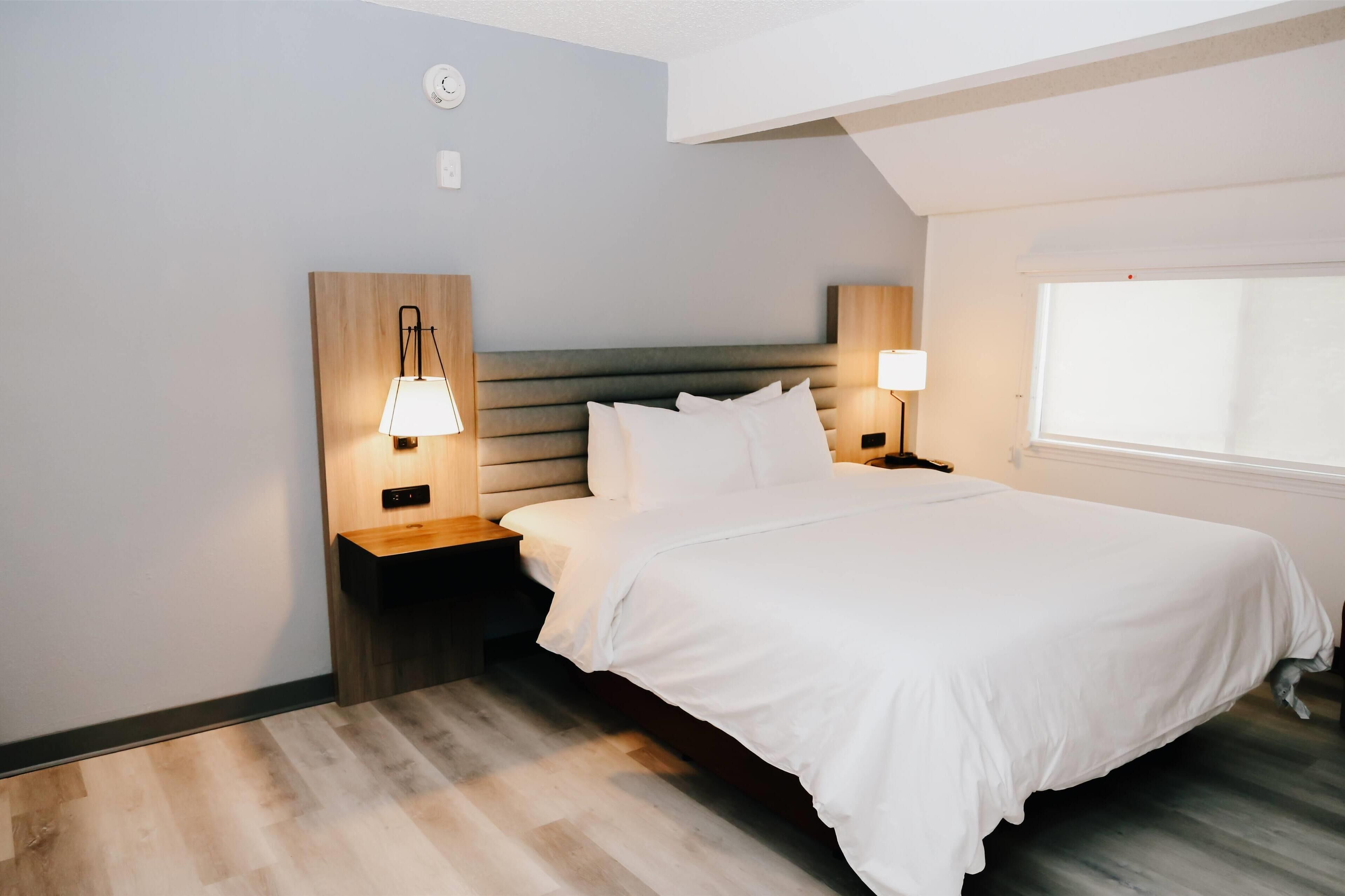 Una habitación de hotel moderna con una cama grande, dos mesitas de noche con lámparas, un cabecero de madera y un ventanal amplio.