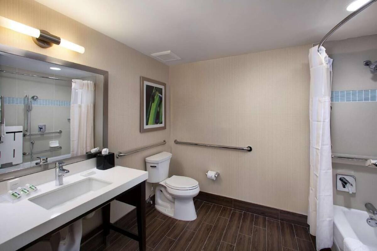 A bathroom with a sink, toilet, shower, and a handrail.