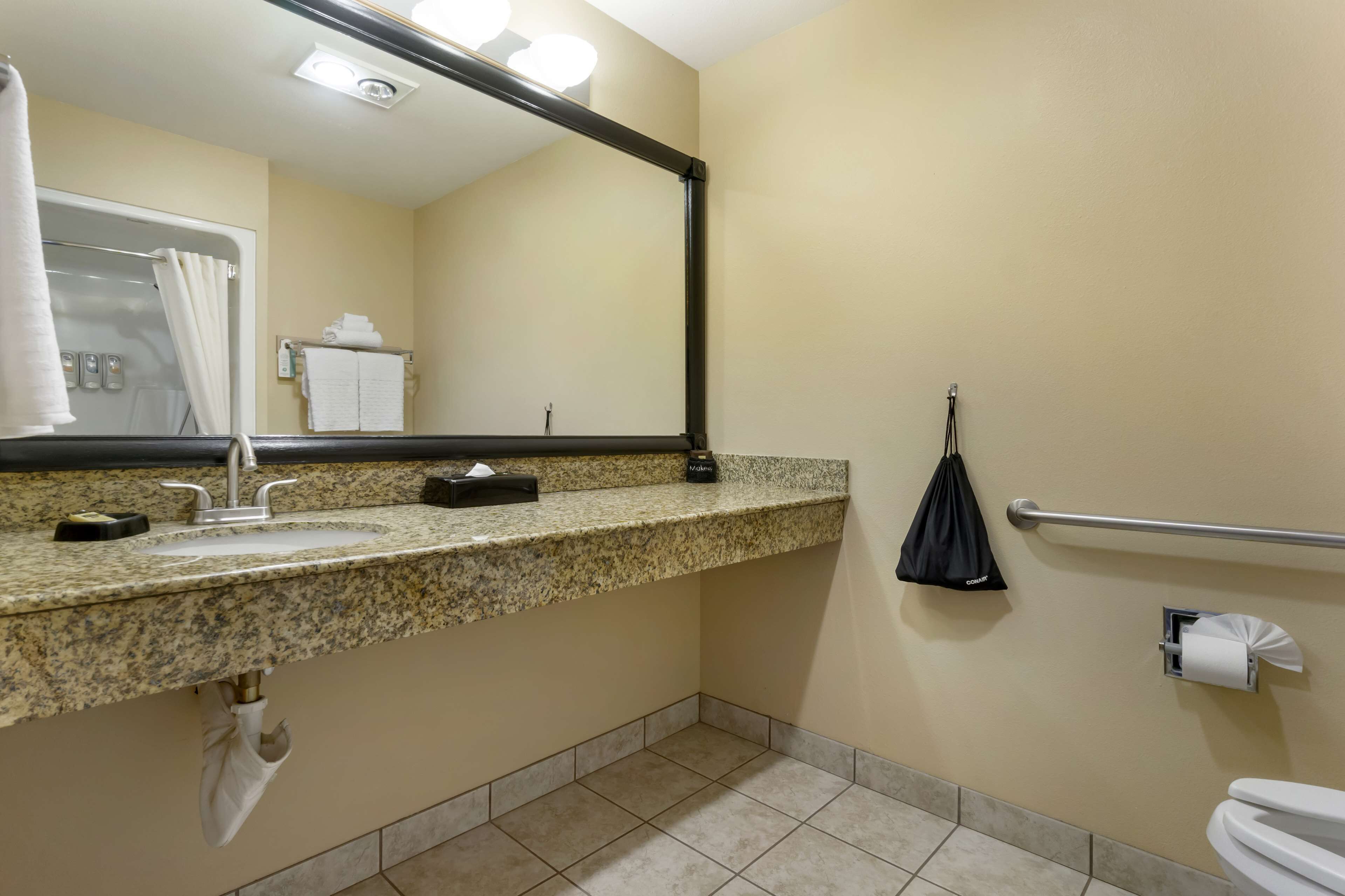 A bathroom with a granite countertop sink, a mirror, a towel rack, a grab bar, and a toilet paper dispenser.