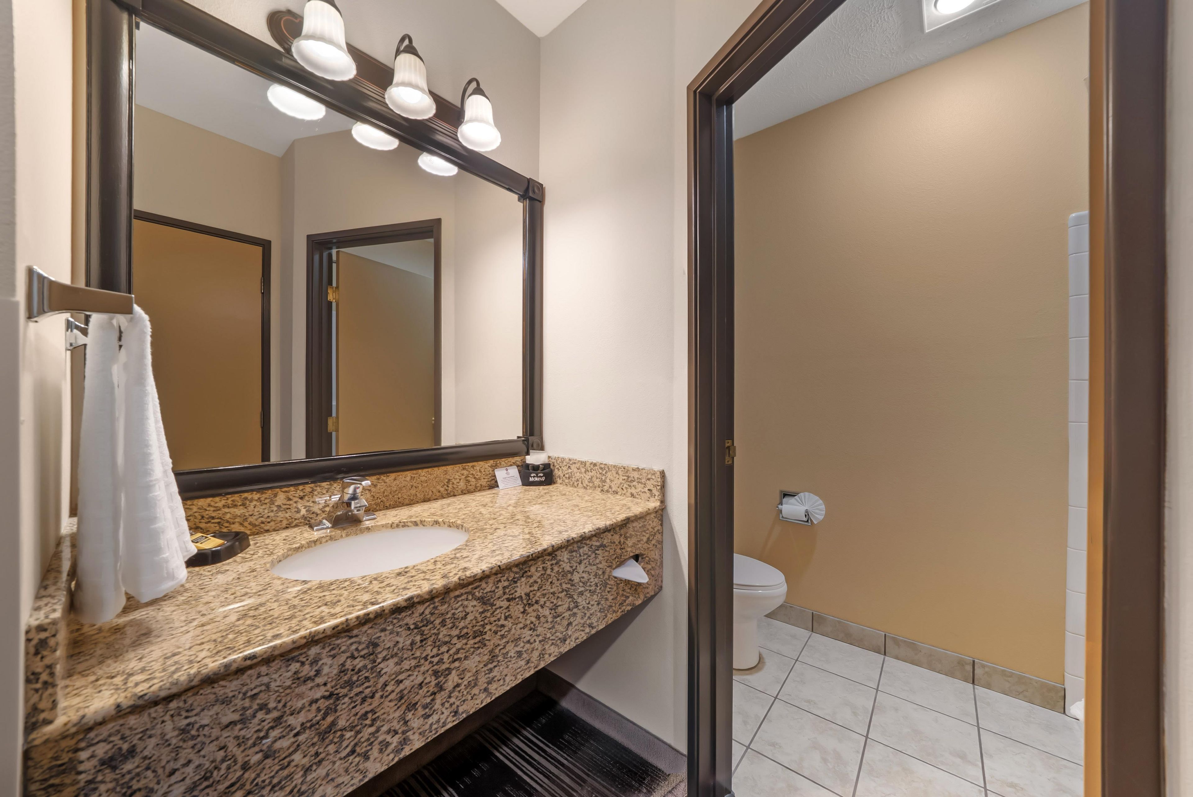 A bathroom with a granite countertop, a double sink, a mirror, and a toilet.