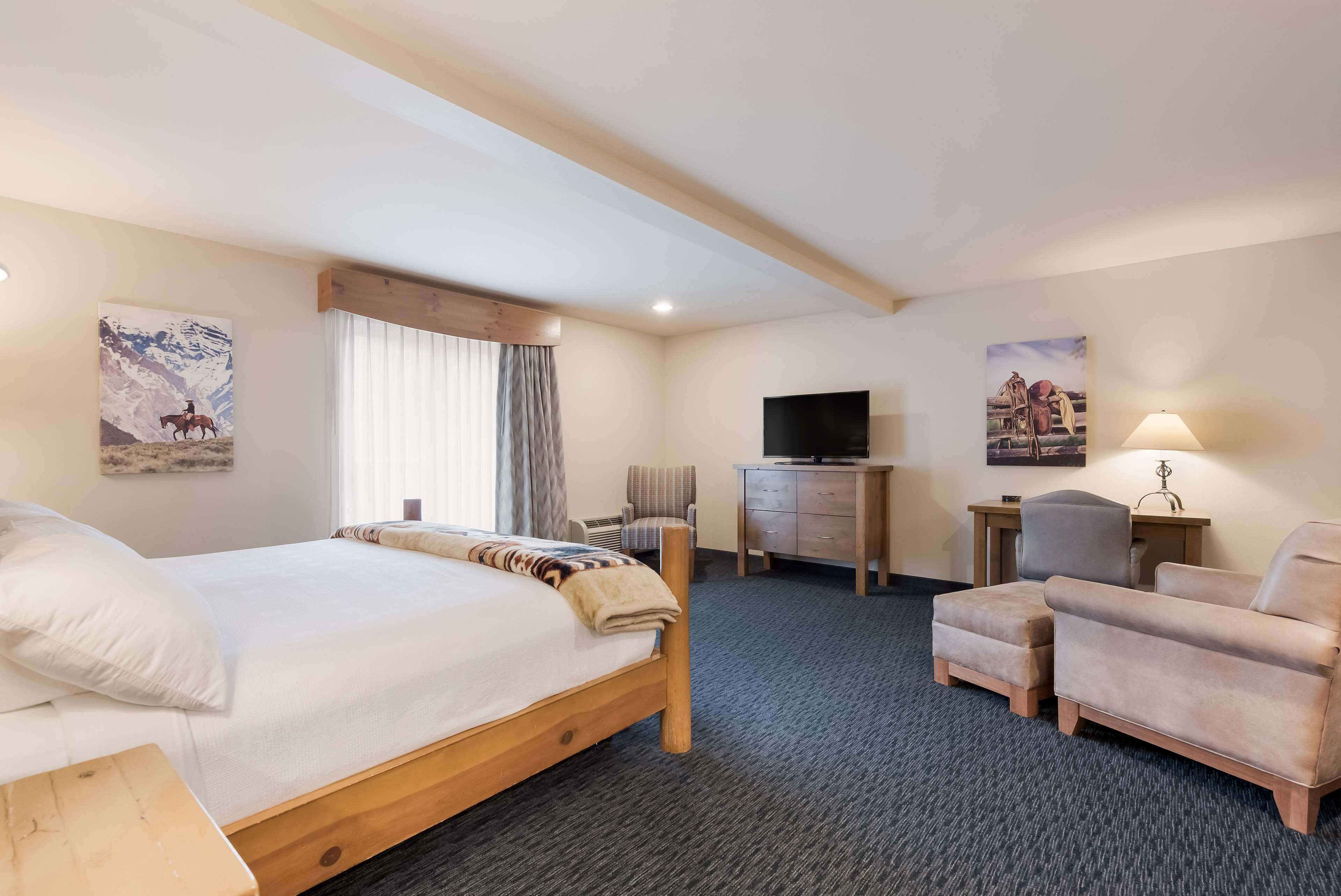 Une chambre d’hôtel avec un lit, un bureau, une télévision, une chaise et un canapé.