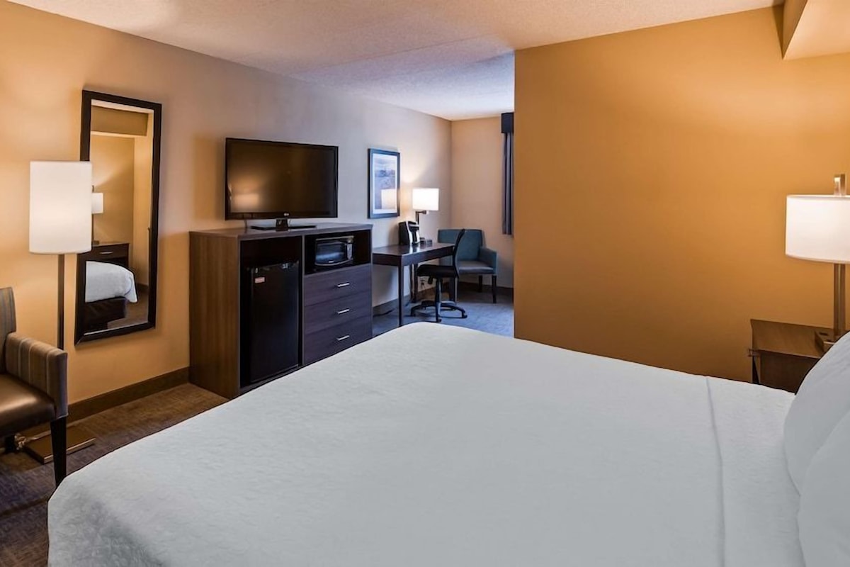 A hotel room with a large bed, a desk with a chair, a television, a dresser, and a mirror.
